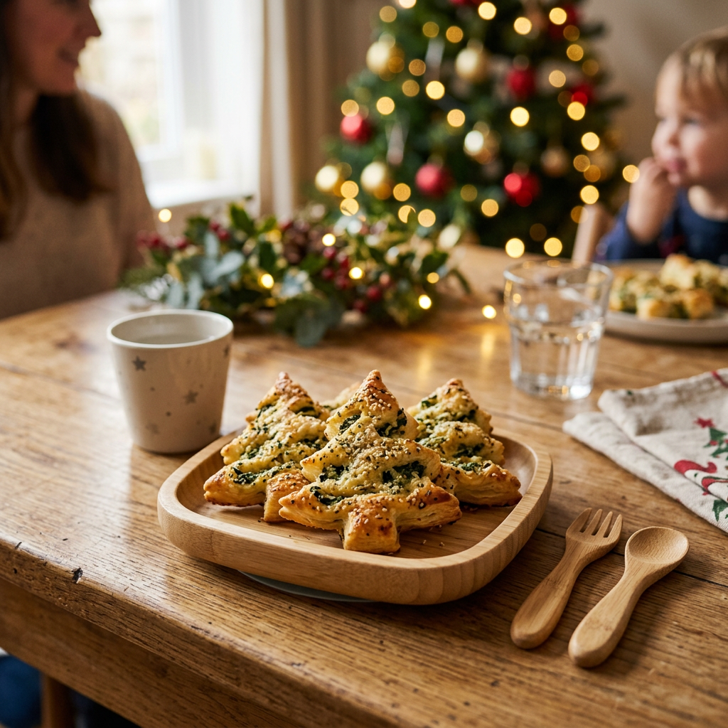 Árboles de hojaldre con espinacas listos para servir, una de las recetas navideñas BLW más sencillas