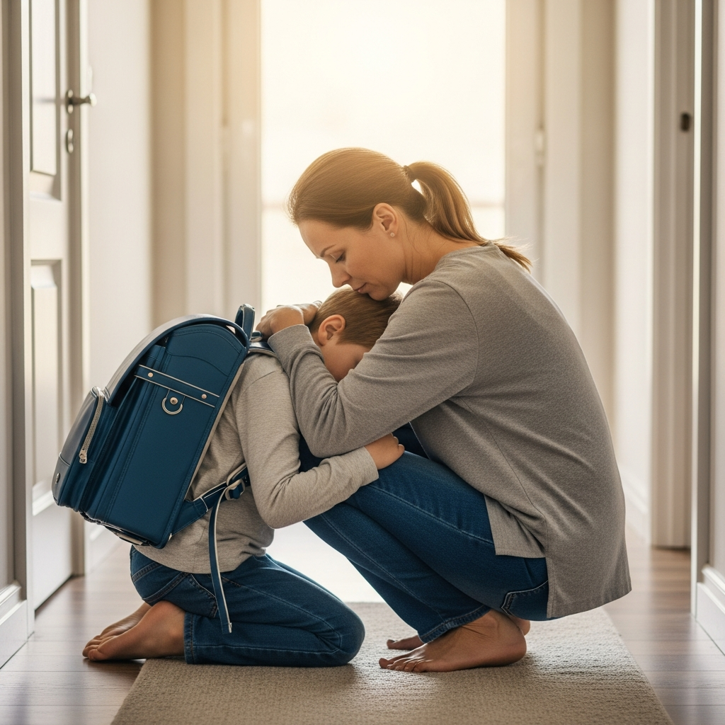 Niño que llora en el suelo junto a su mochila escolar durante un colapso emocional infantil al llegar a casa