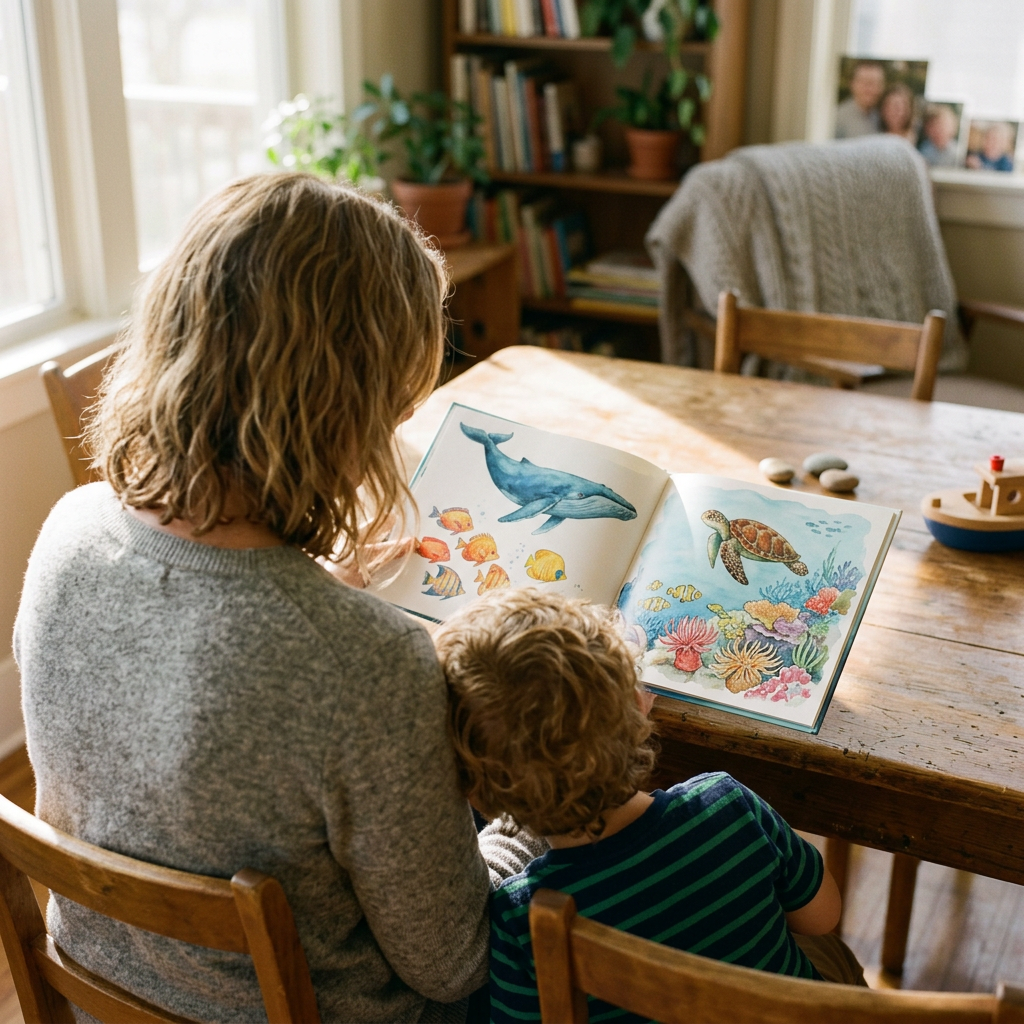 Niño leyendo coloridos libros infantiles sobre el mar junto a elementos de juego sensorial