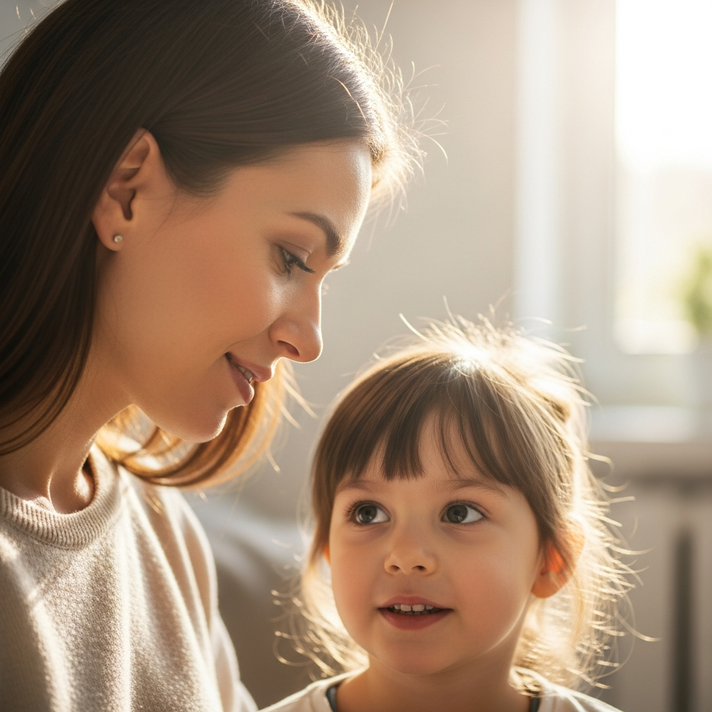 Madre escucha con atención a su hijo en casa, aplicando la disciplina positiva para enseñarle a poner límites