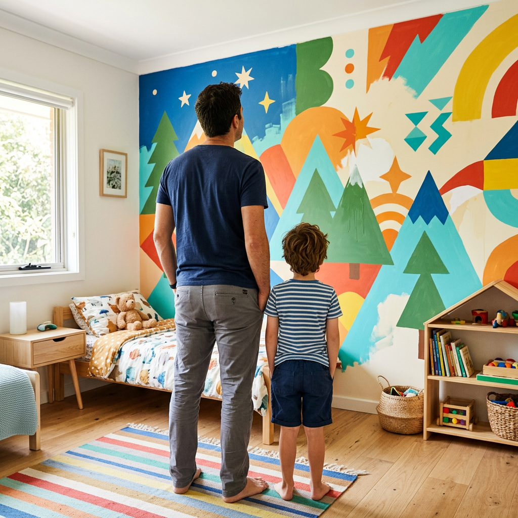 Un niño y su madre colocan guirnaldas y cuadros para decorar la habitación infantil de forma alegre