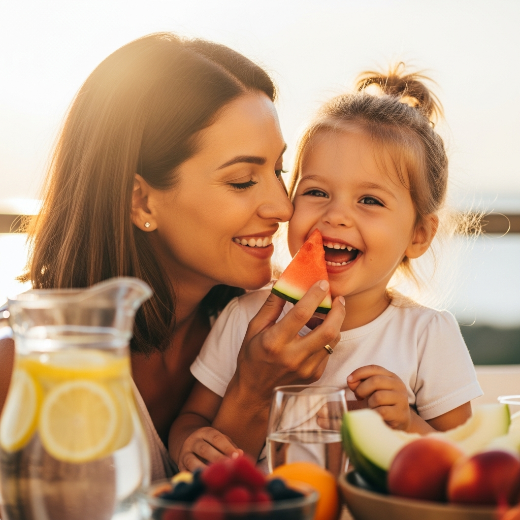 Niña comiendo fruta fresca en la playa para prevenir el estreñimiento infantil en vacaciones