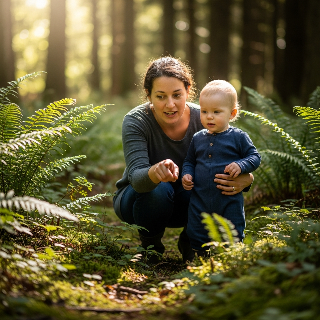Madre e hijo juegan felices en el campo, reflejando una crianza bilingüe natural basada en el juego al aire libre