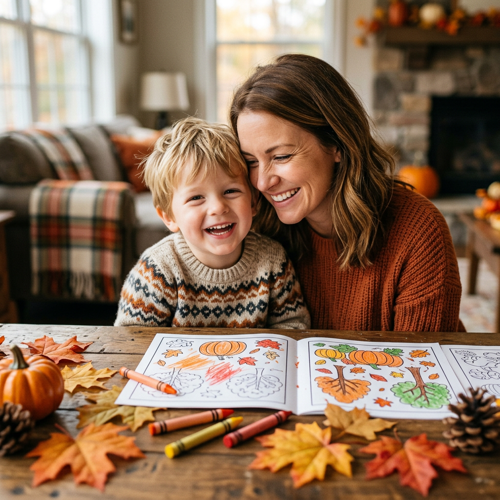 Manos de un niño pintando hojas de otoño y motivos navideños en sus dibujos para colorear