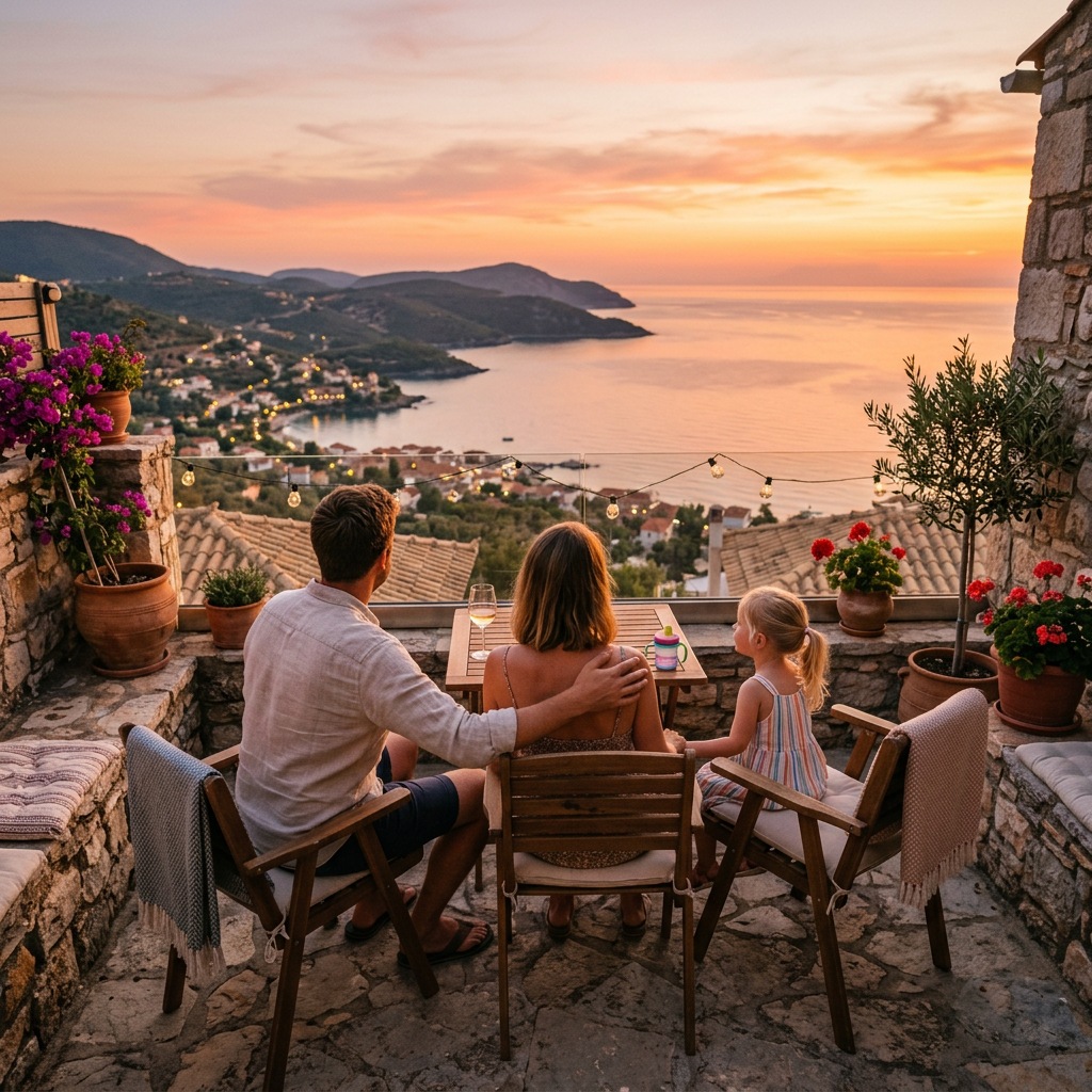 Pareja y niña comparten una tarde de vacaciones en una terraza junto al mar