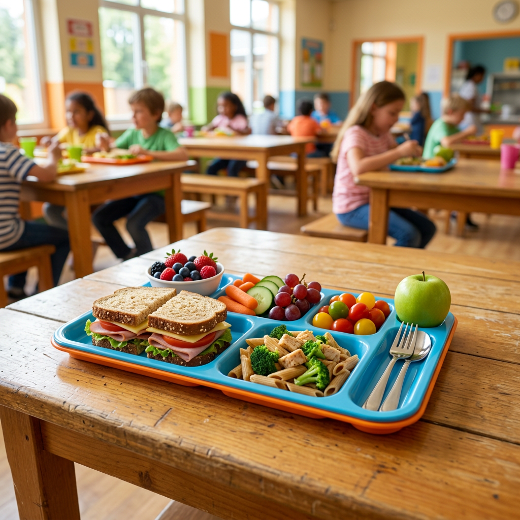 Bandeja con frutas, verduras y otros alimentos en un comedor escolar con niños al fondo