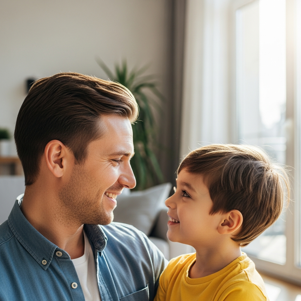 Padre respira con calma ante el llanto de su hijo, aplicando la disciplina positiva desde la gestión emocional