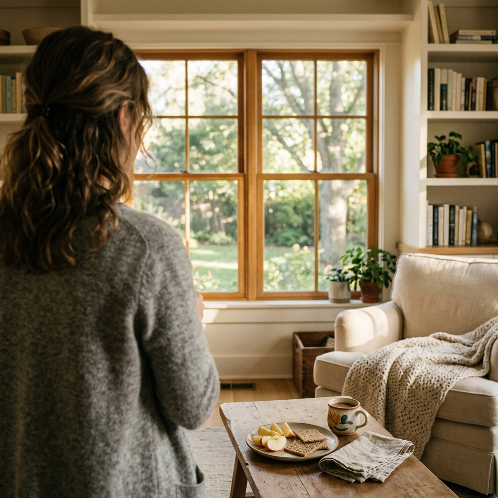 Madre contempla un salón tranquilo durante el primer día de colegio de su hijo