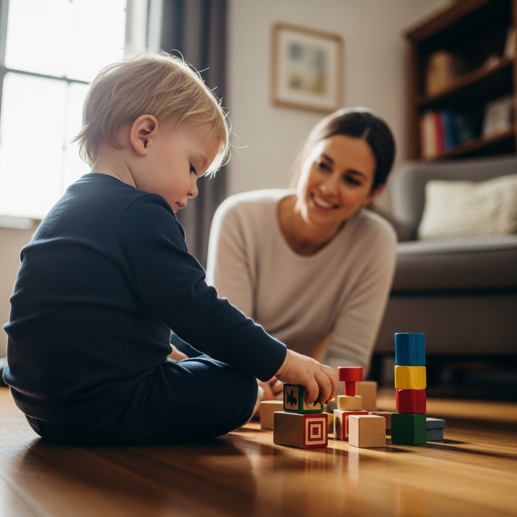 Madre observa a su hijo armar un puzzle con paciencia, aplicando la espera atenta para fomentar su autonomía