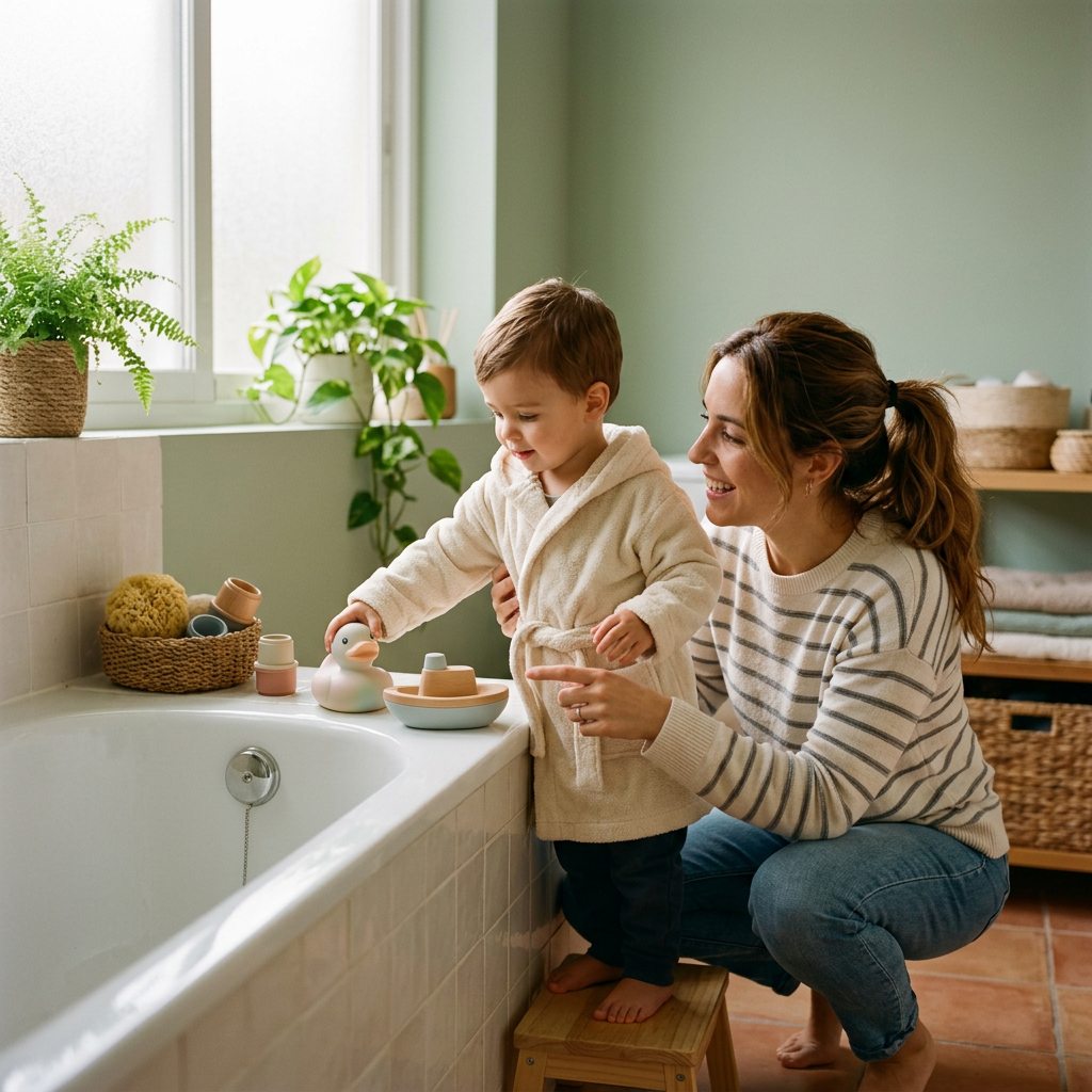 Madre supervisa a su hijo con albornoz mientras preparan juguetes para el baño