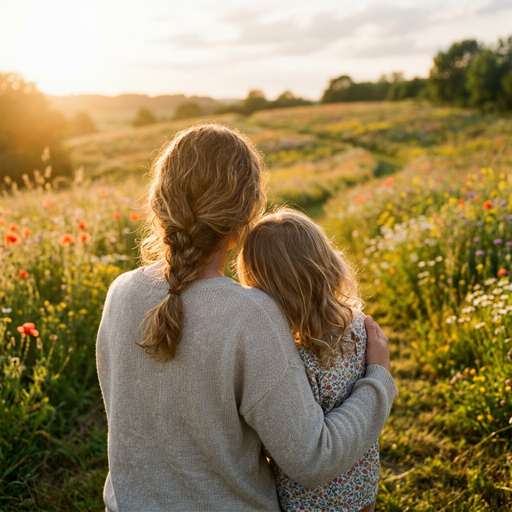 Madre e hija contemplan juntas un paisaje de flores al atardecer