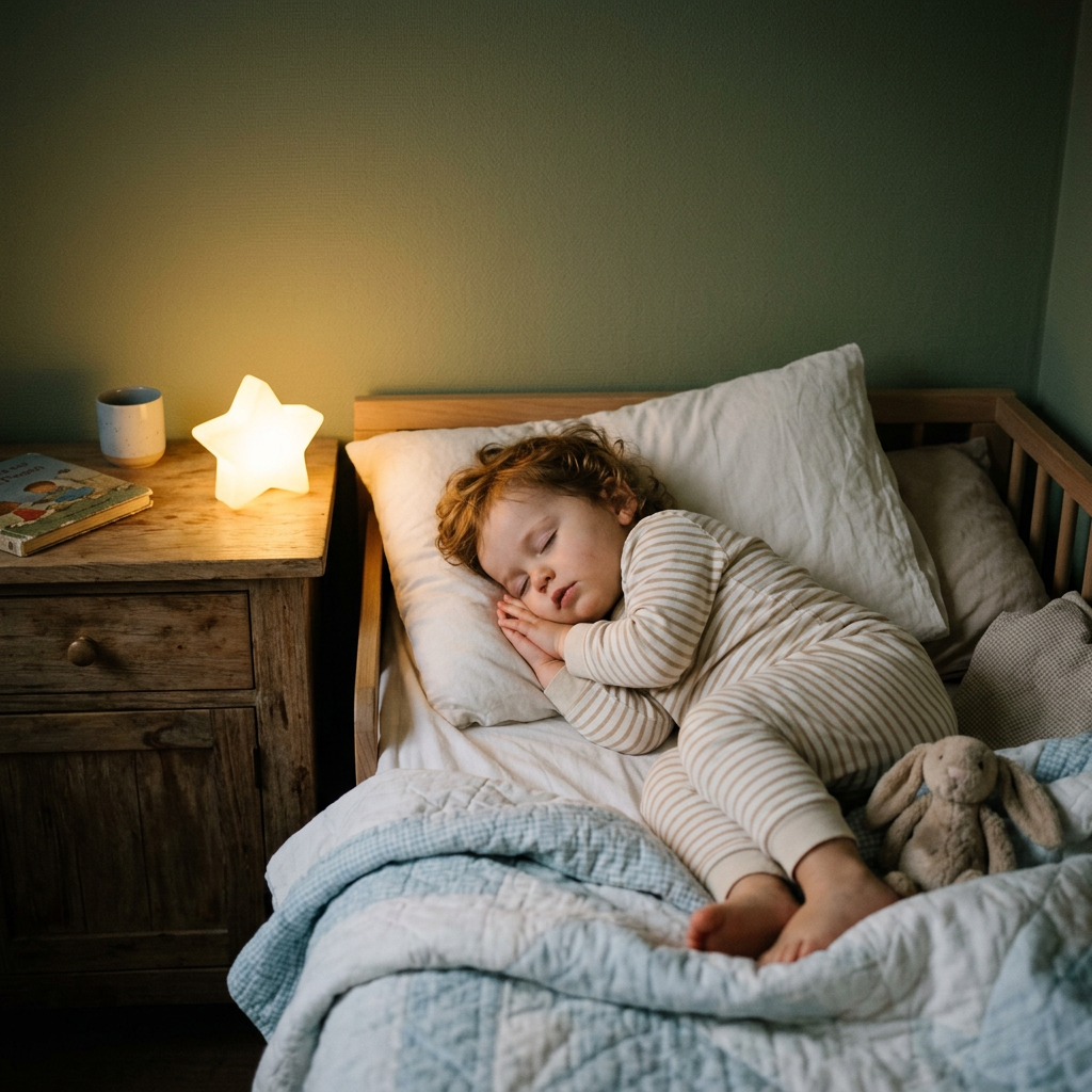Bebé durmiendo plácidamente en su cuna junto a una luz de noche que favorece el sueño infantil