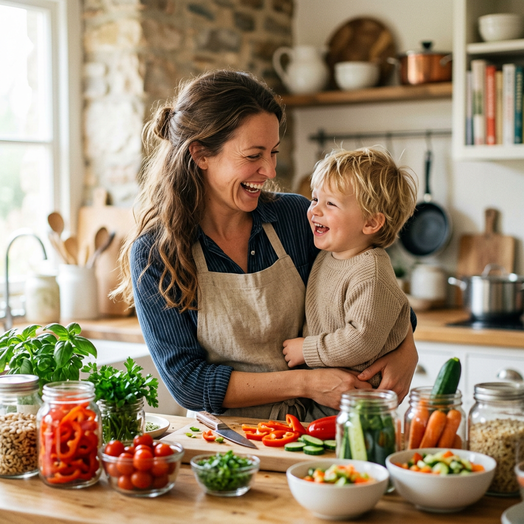Madre e hija preparan recipientes con comida saludable en la cocina, ideal para un fácil meal prep familiar