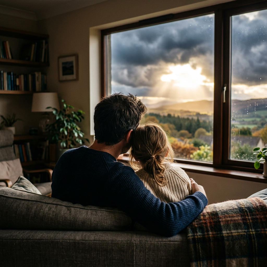 Padre abraza a su hija mientras contemplan un cielo de tormenta desde casa