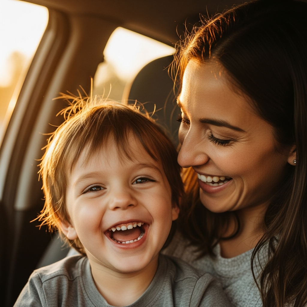 Familia feliz riendo dentro del coche, un momento de conexión ideal para viajar con niños sin aburrirse