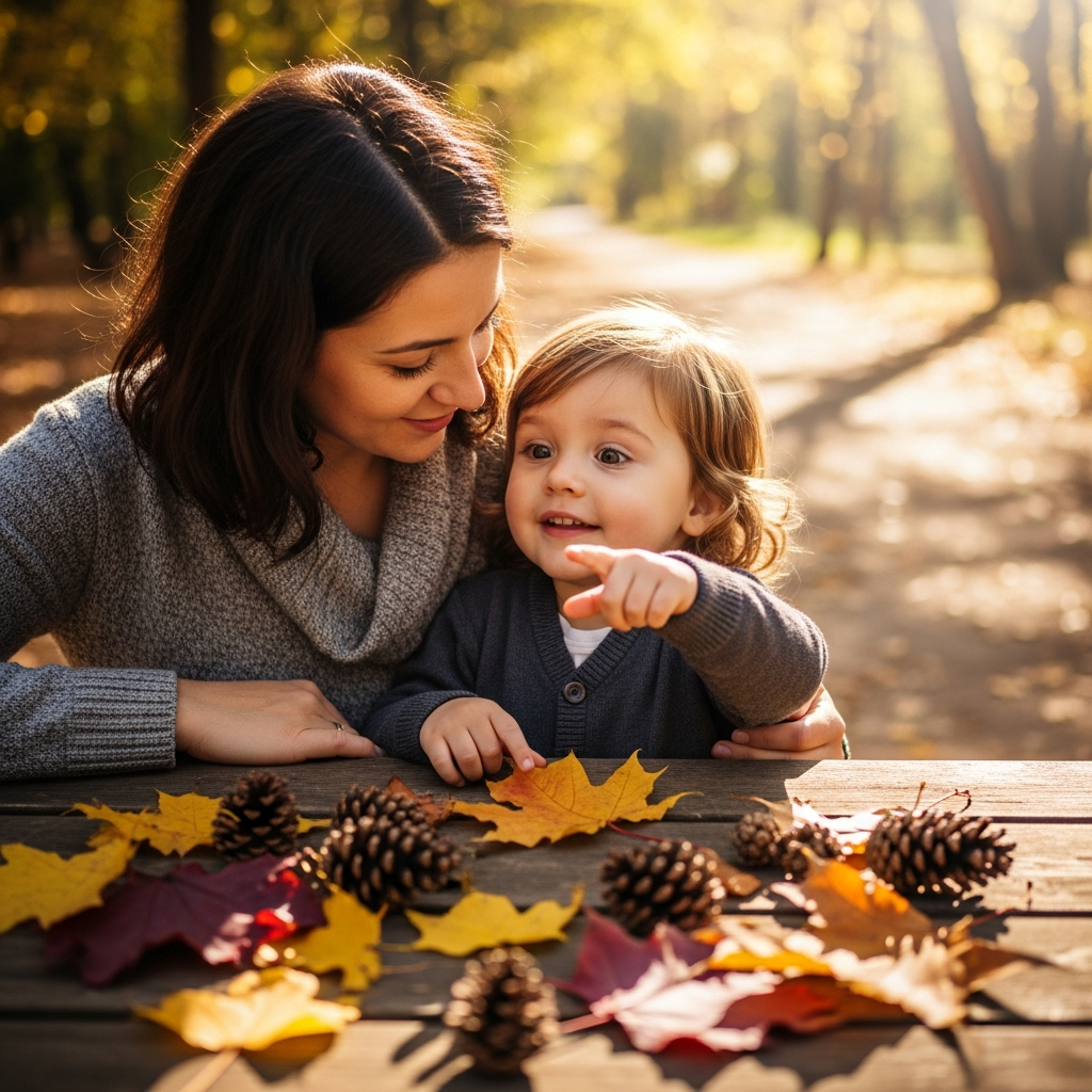 Niña jugando con hojas secas y piñas mientras aprende vocabulario de otoño para niños