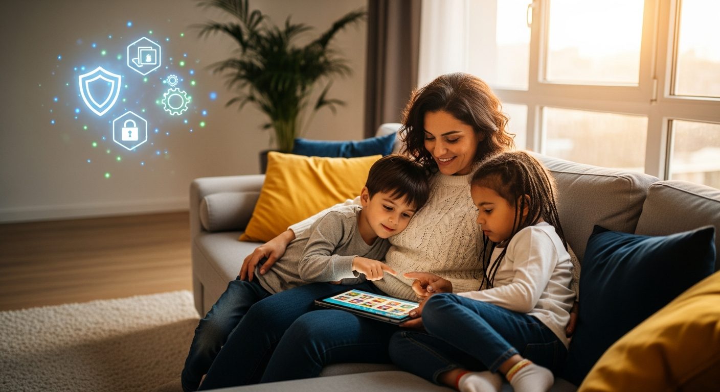 Padre y su hijo configuran una tableta con control parental, según la guía seguridad digital 2026