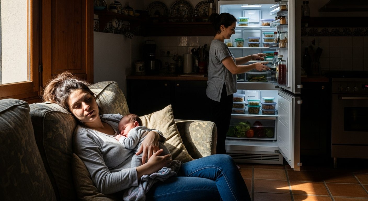 Pareja con su recién nacido en un hogar ordenado, la verdadera lista ‘ de logística y apoyo en el postparto