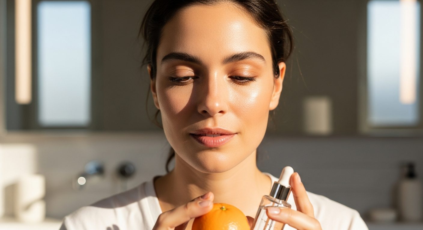 Madre sonriente sosteniendo a su bebé y luciendo una piel luminosa a pesar del cansancio gracias a la vitamina C
