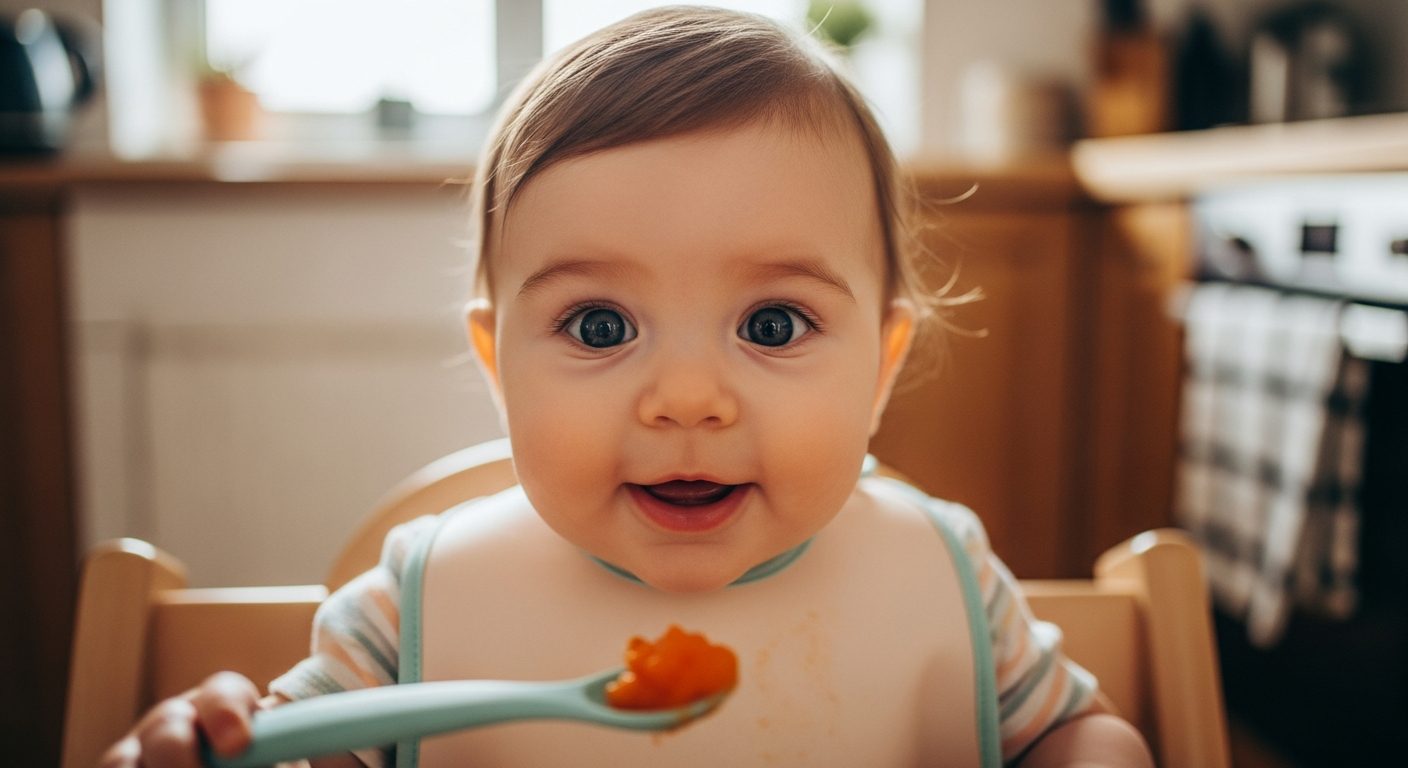 Bebé en su trona preparado para la diversificación alimentaria, meses clave en su nutrición