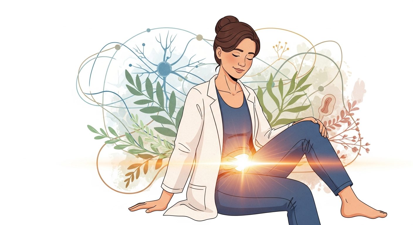 Mujer con dolor abdominal junto a una ilustración que explica la ciencia detrás del dolor de endometriosis