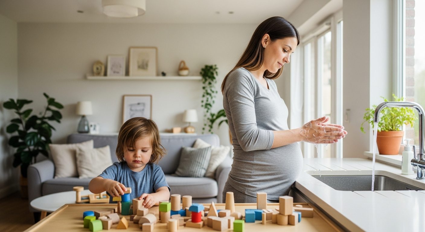 Madre embarazada juega con su hijo pequeño para prevenir el citomegalovirus cmv en el embarazo
