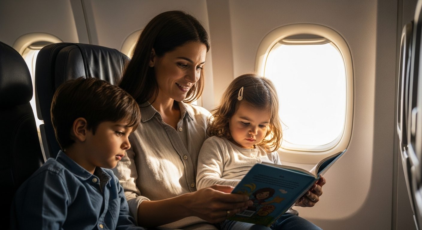 Madre e hijo sonríen sentados juntos en sus asientos al viajar en avión con niños pequeños