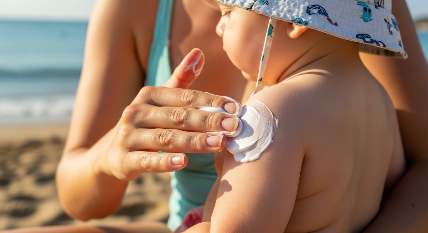 Madre aplicando protectores solares minerales bebés en la espalda de su hijo en la playa
