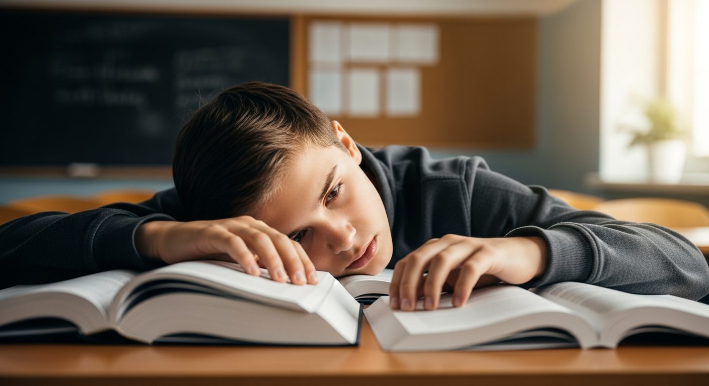 Estudiante cansado durmiendo sobre sus apuntes por el impacto de la falta de sueño en el rendimiento escolar