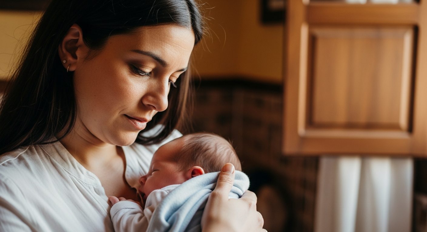 Madre abraza con cuidado a su bebé para prevenir los riesgos de herpes labial en recién nacidos