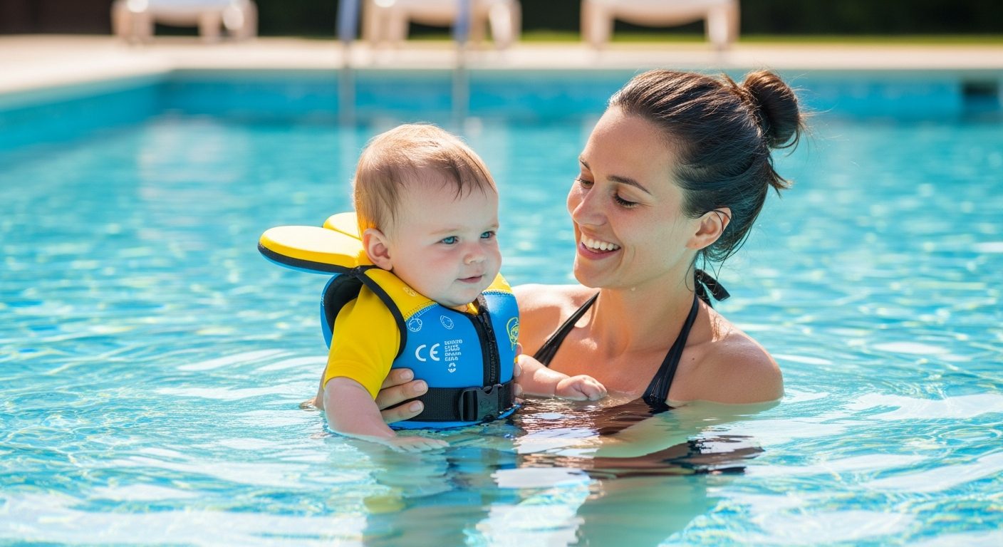 Bebé sonriente en la piscina con chaleco de natación siguiendo la guía de seguridad acuática para niños
