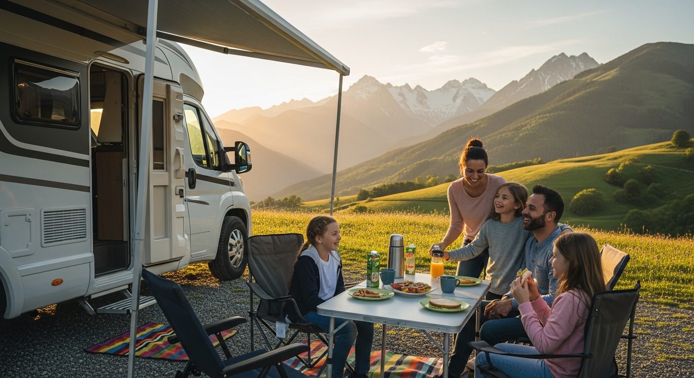 Familia feliz junto a su vehículo en la naturaleza al viajar en autocaravana con niños