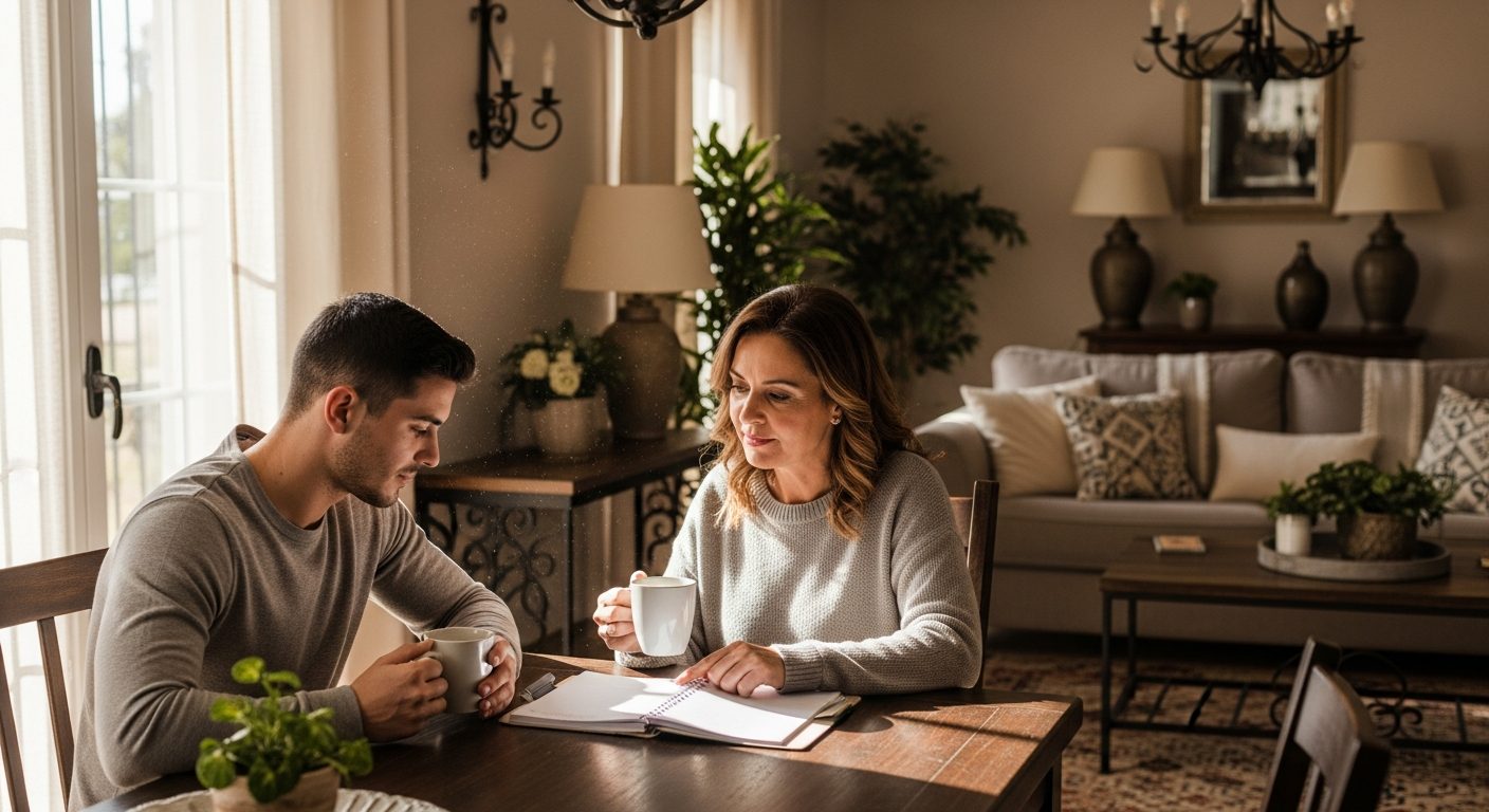 Familia conversando en el salón para establecer claves de convivencia con hijos adultos en casa