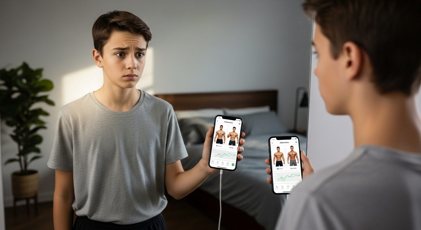 Chico mirándose al espejo del gimnasio con su móvil, evaluando el impacto de gymtok en la autoestima de adolescentes