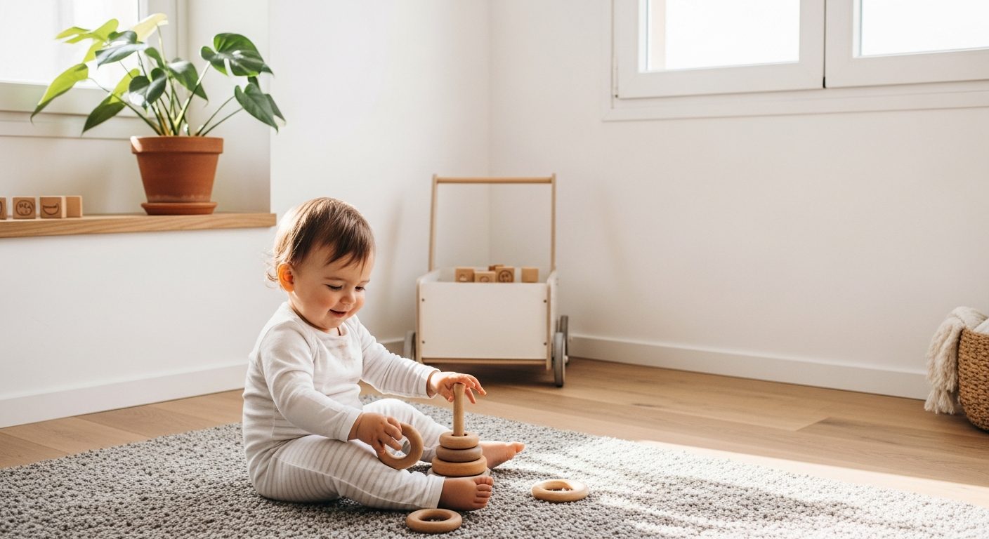 Bebé jugando en el suelo con bloques de madera de colores, un ejemplo de juguetes para bebés de un año
