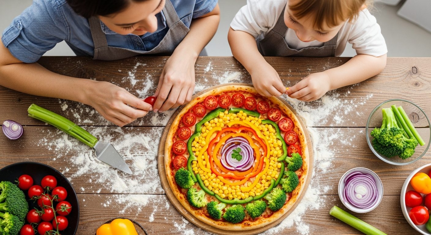 Madre e hijo decorando una pizza con verduras de colores, una actividad perfecta para cocinar en familia