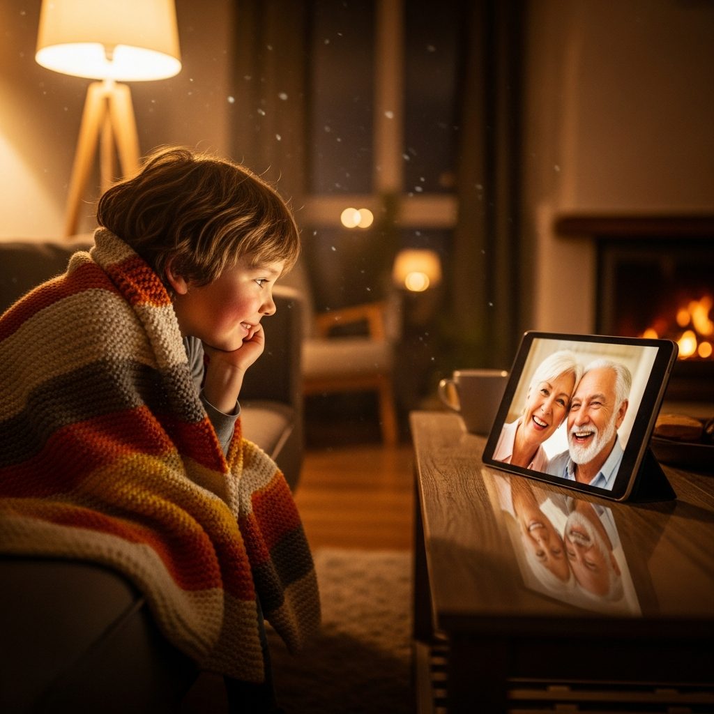 Niños saludando con alegría a sus abuelos a distancia durante una videollamada en una tableta