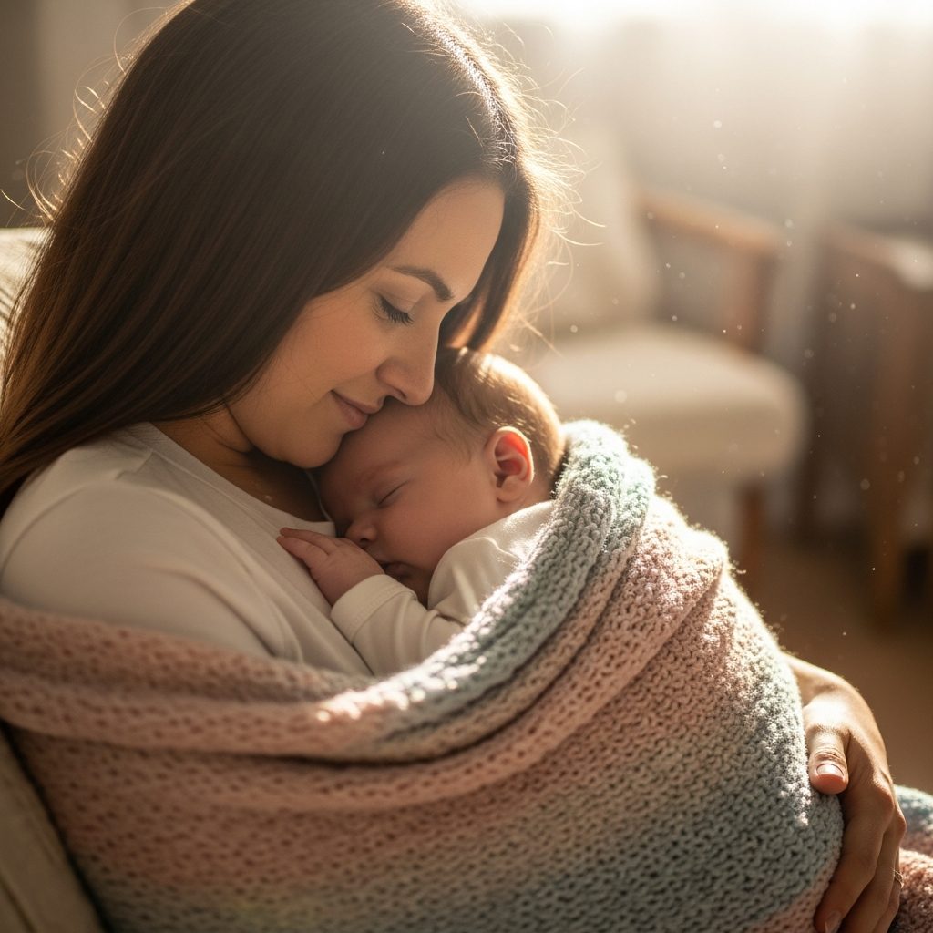 Madre exhausta abrazando a su bebé con gesto de cansancio, reflejando la culpa y presión de la maternidad real