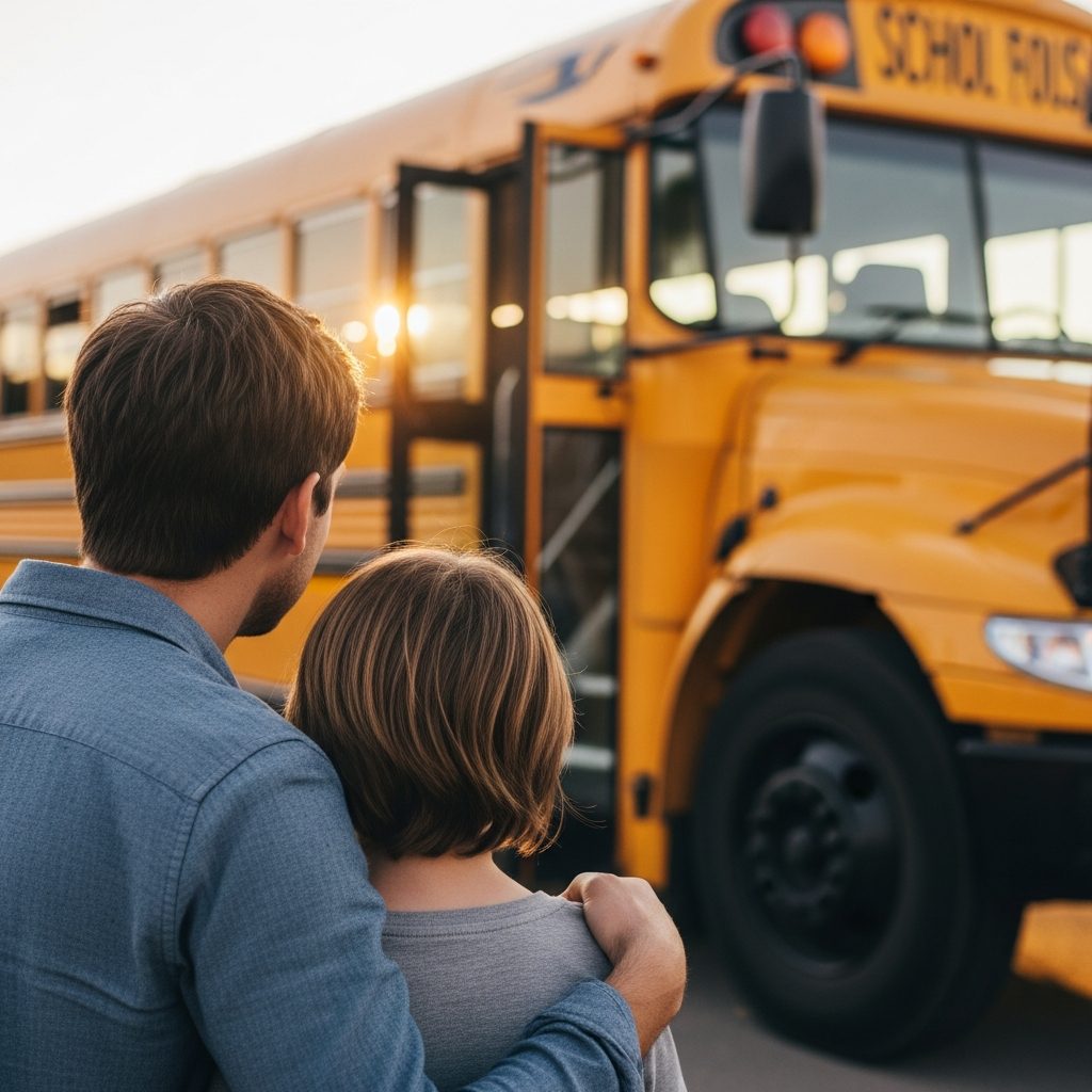 Madre abraza a su hijo preocupado junto al autobús para calmar el miedo a las excursiones escolares