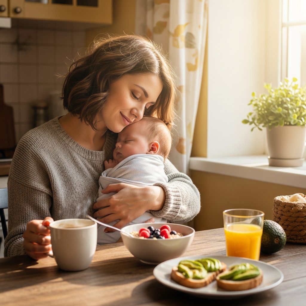 Bebé comiendo aguacate en su trona, una idea de desayuno saludable y rico en omega-3 para bebés